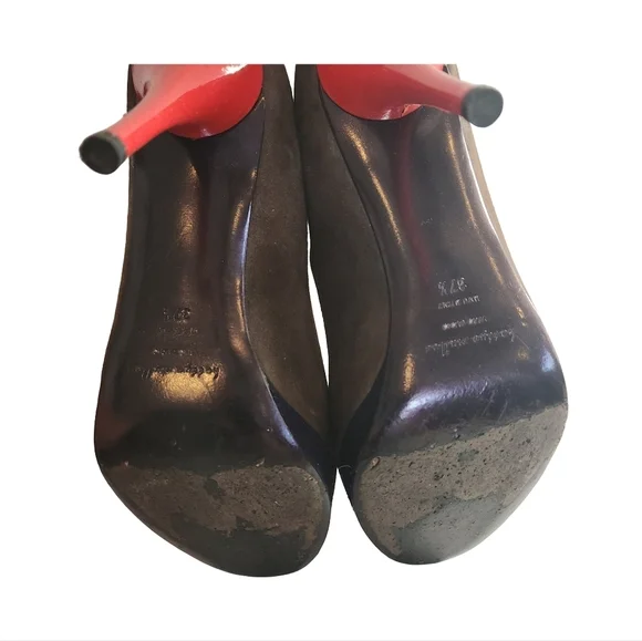 Elegant Brown And Navy Suede Pumps with Red Heel - Picture 4 of 5